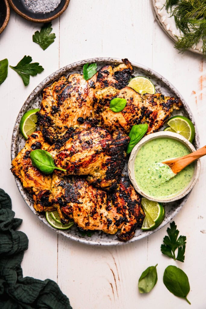 Finished green goddess chicken on serving plate. 