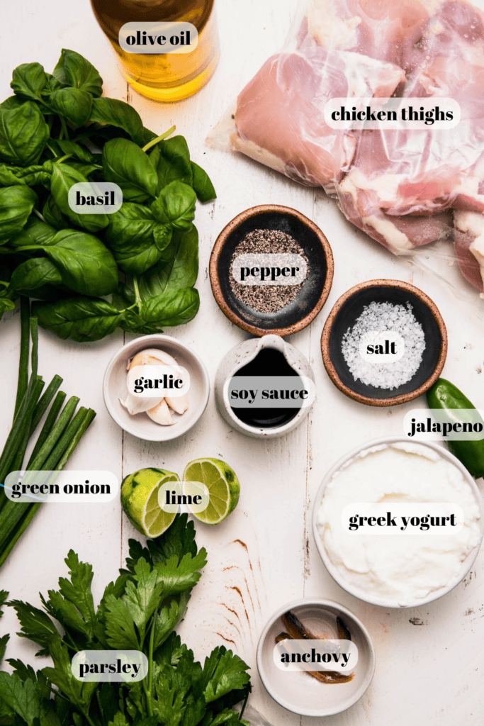 Ingredients for green goddess chicken labeled on counter. 