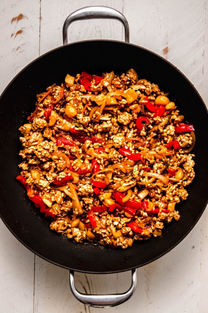 Finished ground pork stir fry in wok.