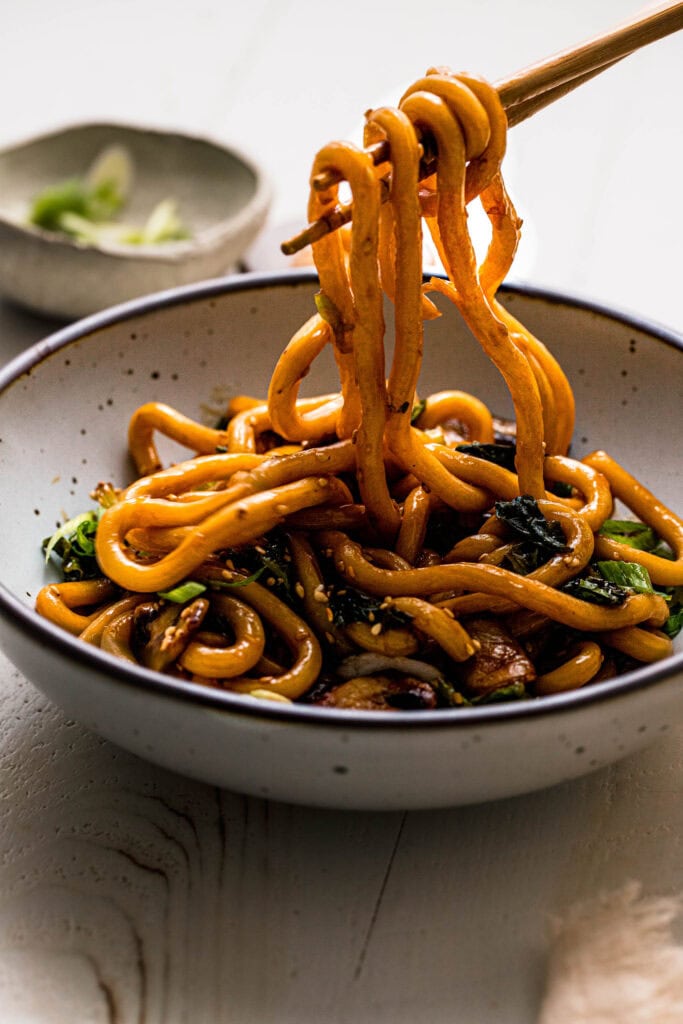 Teriyaki noodles being pulled out of serving bowl with chopsticks. 