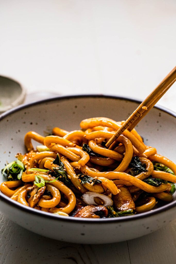 Side view of teriyaki noodles in bowl with chopsticks. 