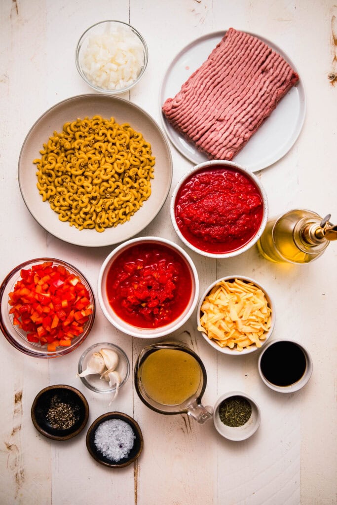 Ingredients for turkey goulash on counter.