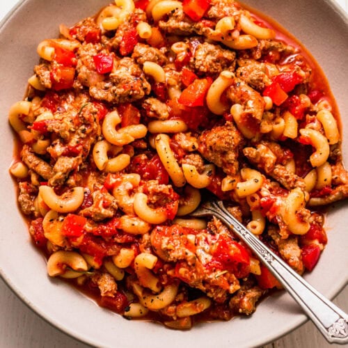 Overhead shot of turkey goulash in serving bowl.