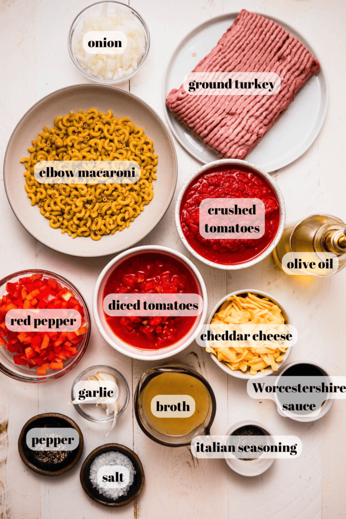 Ingredients for turkey goulash labeled on counter.