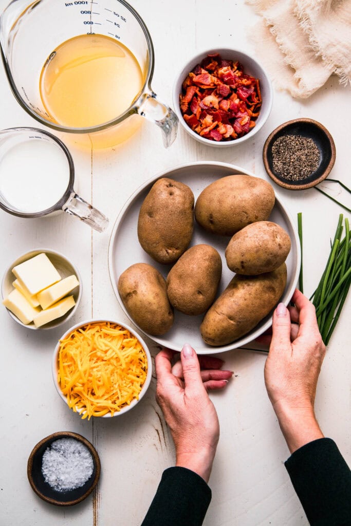 Ingredients for twice baked mashed potatoes on counter.