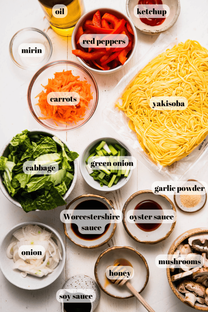 Ingredients for yakisoba sauce on counter.